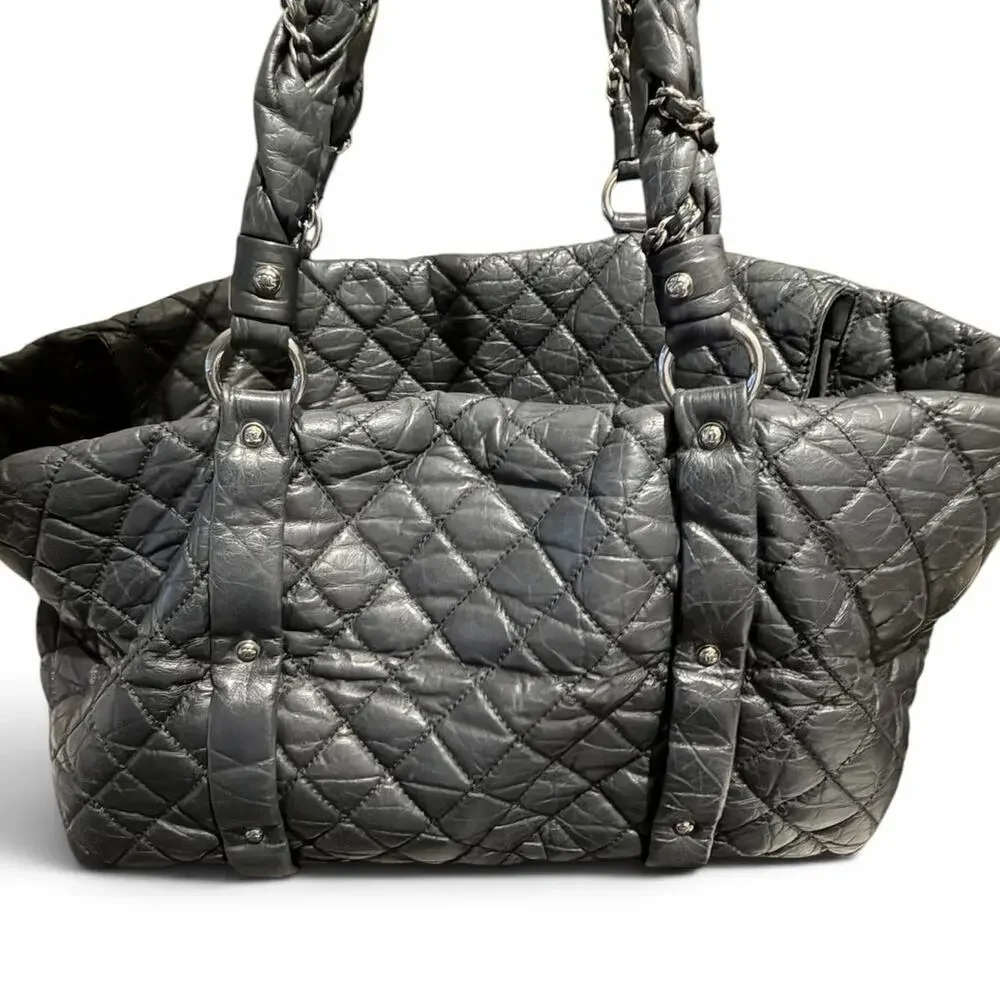 Chanel Lady Braid Black Aged Calfskin Quilted Duffel Tote Braided Chain w/ COA